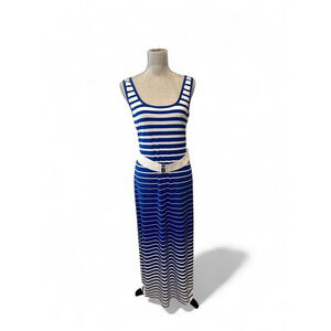 sleeveless belted maxi summer dress women 10 medium coastal stripes blue white